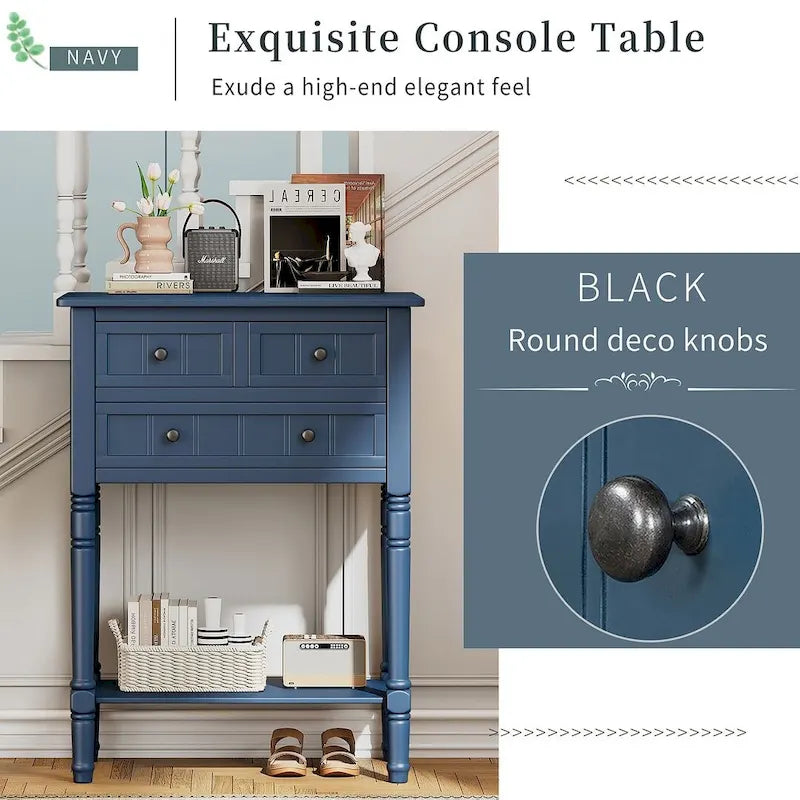 23.7 Farmhouse Solid Wood Console Table with 3 Drawers and Bottom Shelf