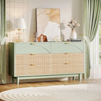 55 Inches Dresser for Bedroom, Green Long Double Dresser Organizer Wood Cabinet