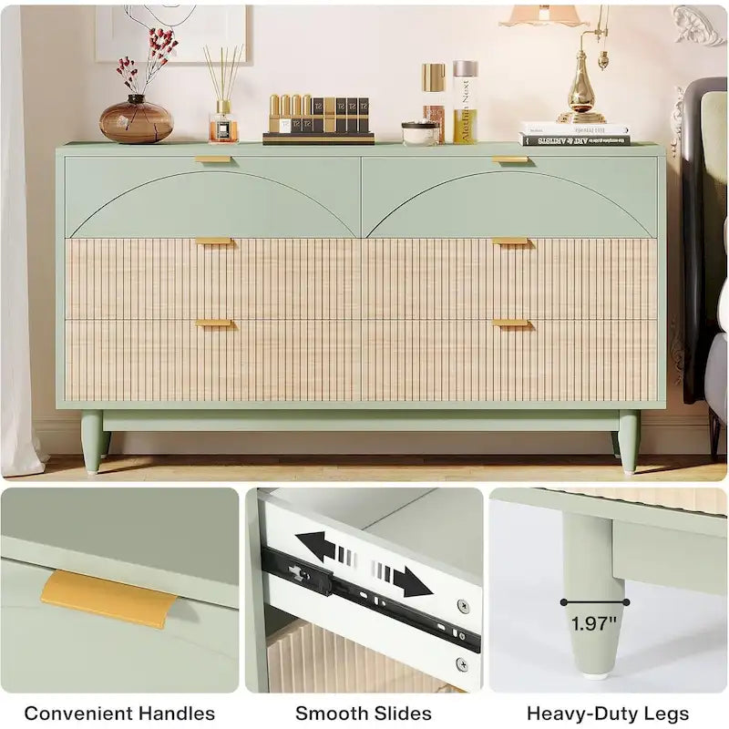 55 Inches Dresser for Bedroom, Green Long Double Dresser Organizer Wood Cabinet