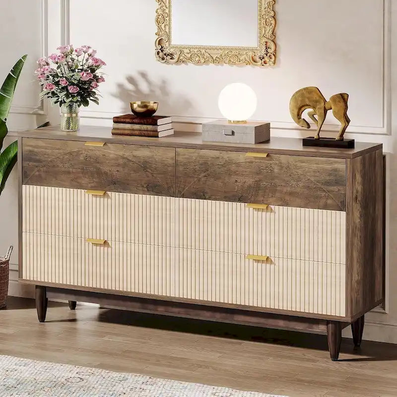 55 Inches Dresser for Bedroom, Green Long Double Dresser Organizer Wood Cabinet