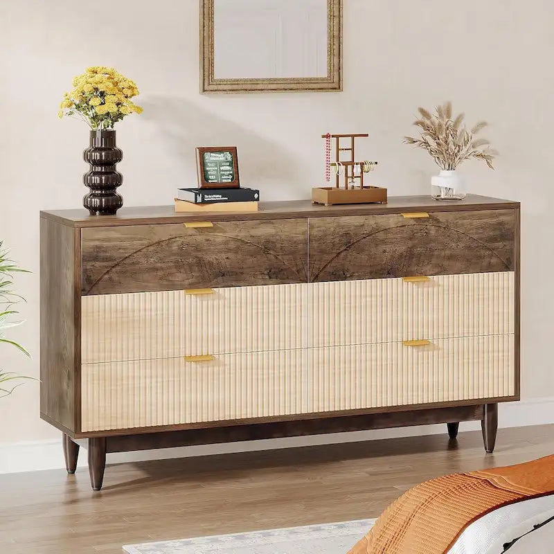 55 Inches Dresser for Bedroom, Green Long Double Dresser Organizer Wood Cabinet