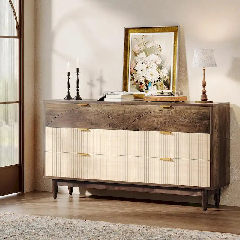 55 Inches Dresser for Bedroom, Green Long Double Dresser Organizer Wood Cabinet