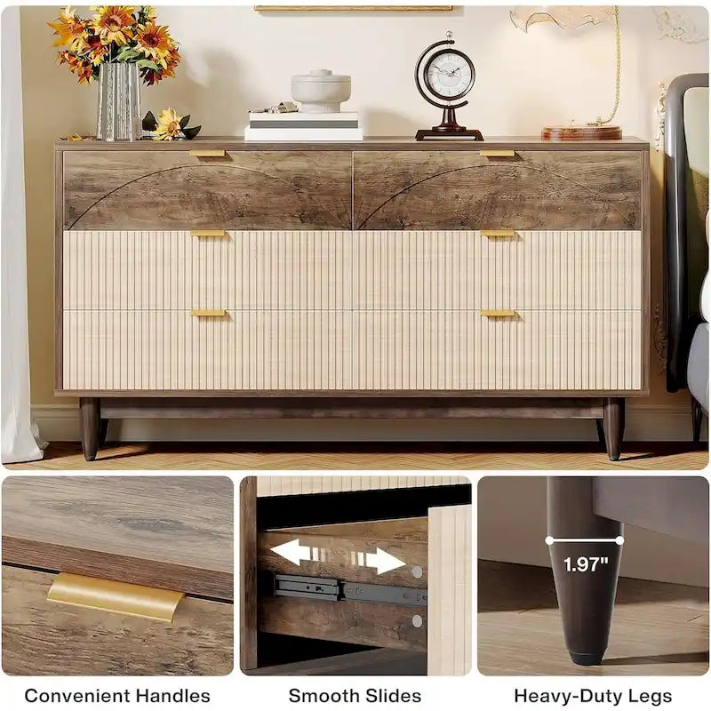 55 Inches Dresser for Bedroom, Green Long Double Dresser Organizer Wood Cabinet