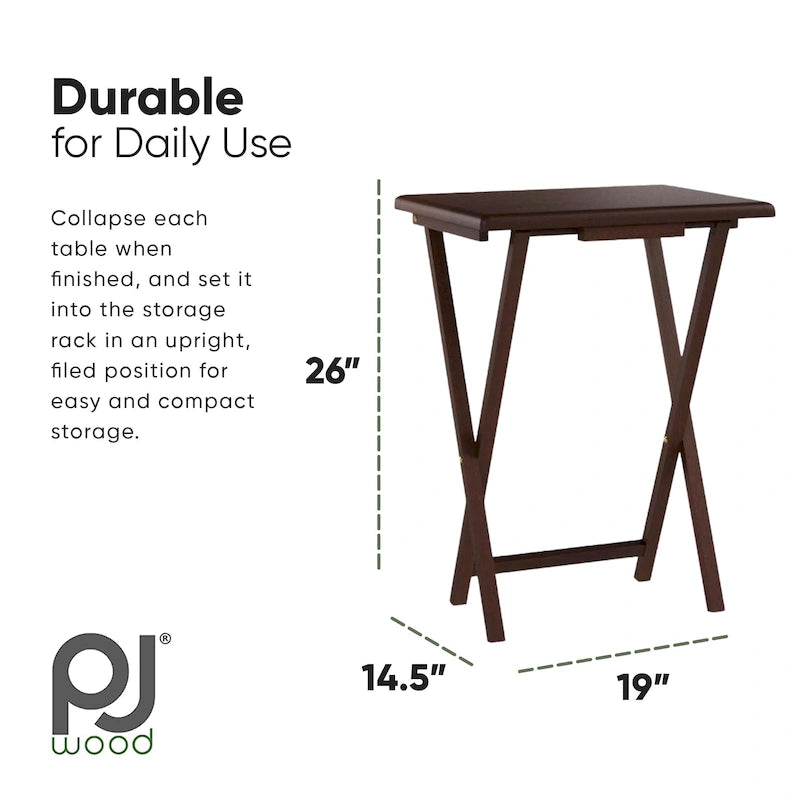 PJ Wood Folding TV Tray Tables with Compact Storage Rack, Espresso, 5 Piece Set - 36.38