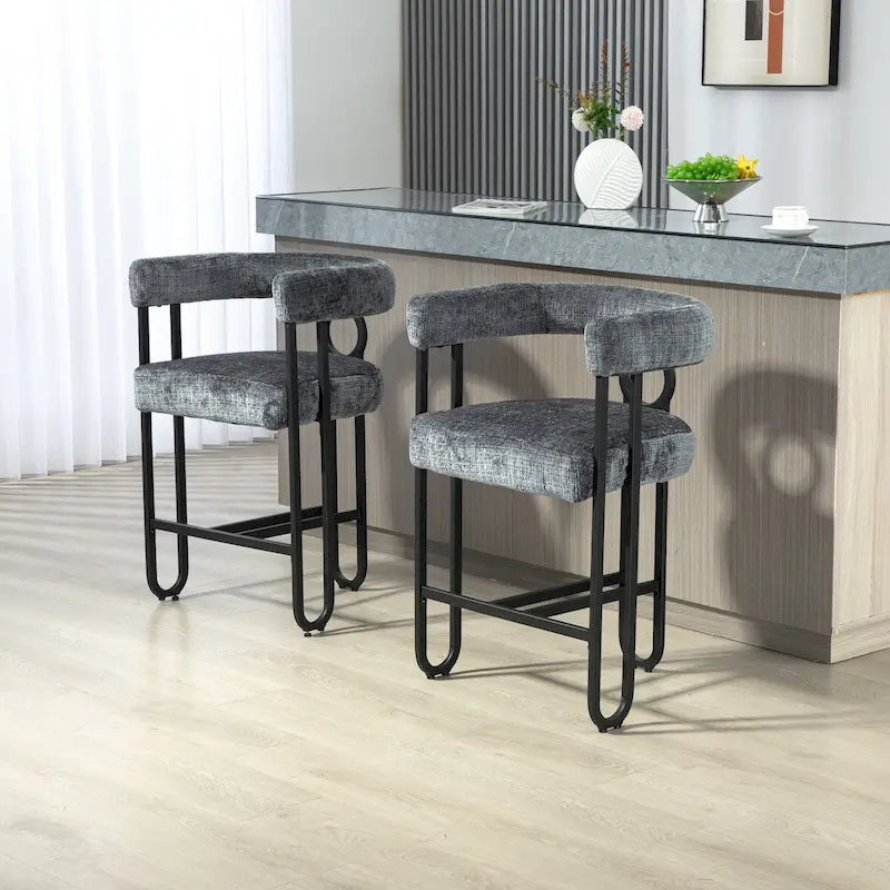 Chenille/Leather Upholstered Contemporary Designed Bar Stools With Footrestset of 2