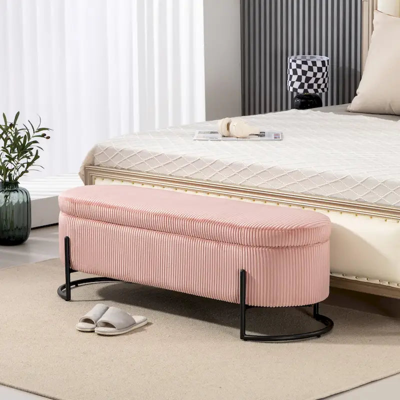 Corduroy Upholstered Storage Ottoman Bench with Safety Hinge and Metal Legs