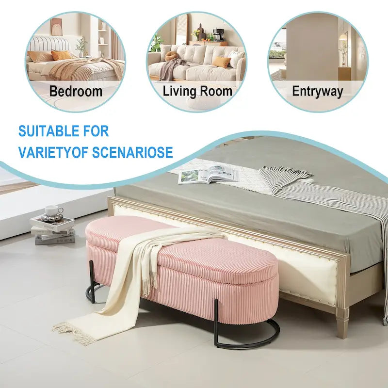 Corduroy Upholstered Storage Ottoman Bench with Safety Hinge and Metal Legs