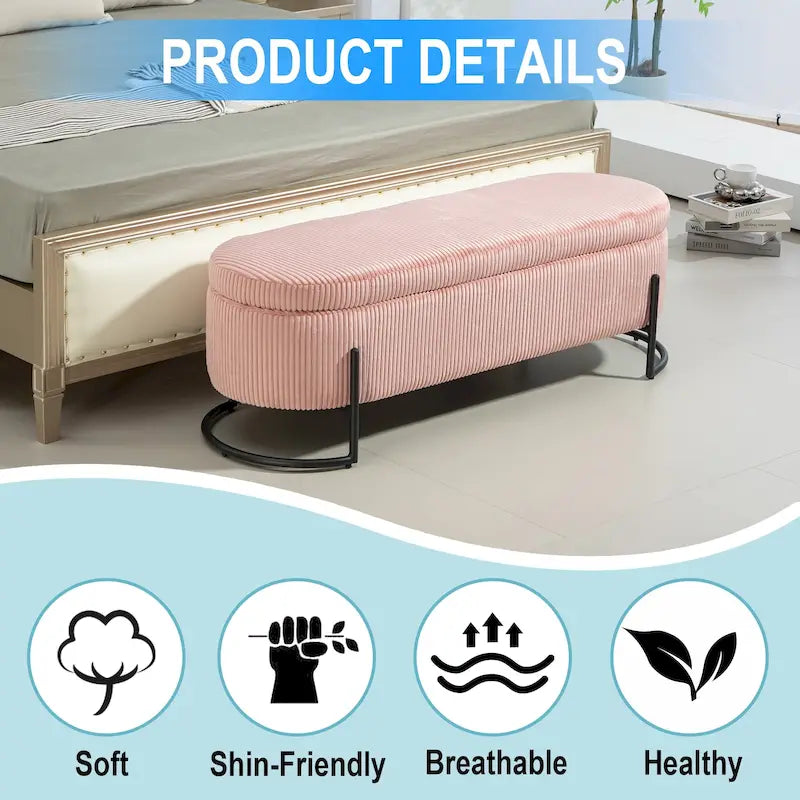 Corduroy Upholstered Storage Ottoman Bench with Safety Hinge and Metal Legs