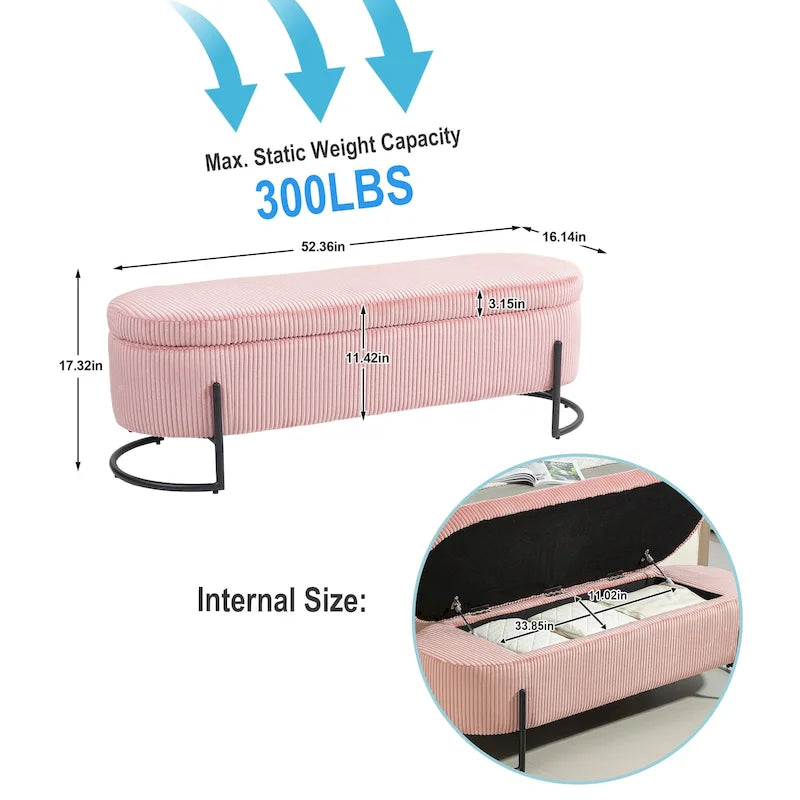 Corduroy Upholstered Storage Ottoman Bench with Safety Hinge and Metal Legs