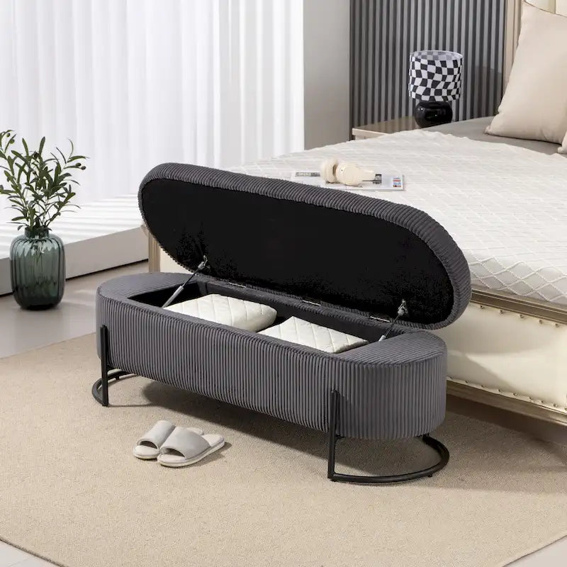 Corduroy Upholstered Storage Ottoman Bench with Safety Hinge and Metal Legs