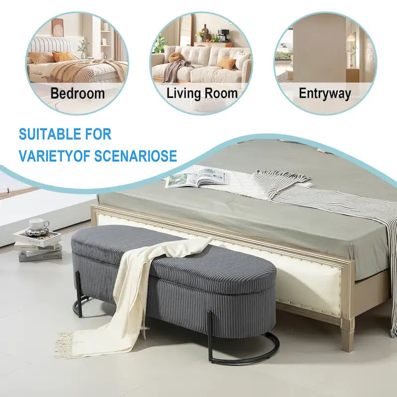 Corduroy Upholstered Storage Ottoman Bench with Safety Hinge and Metal Legs