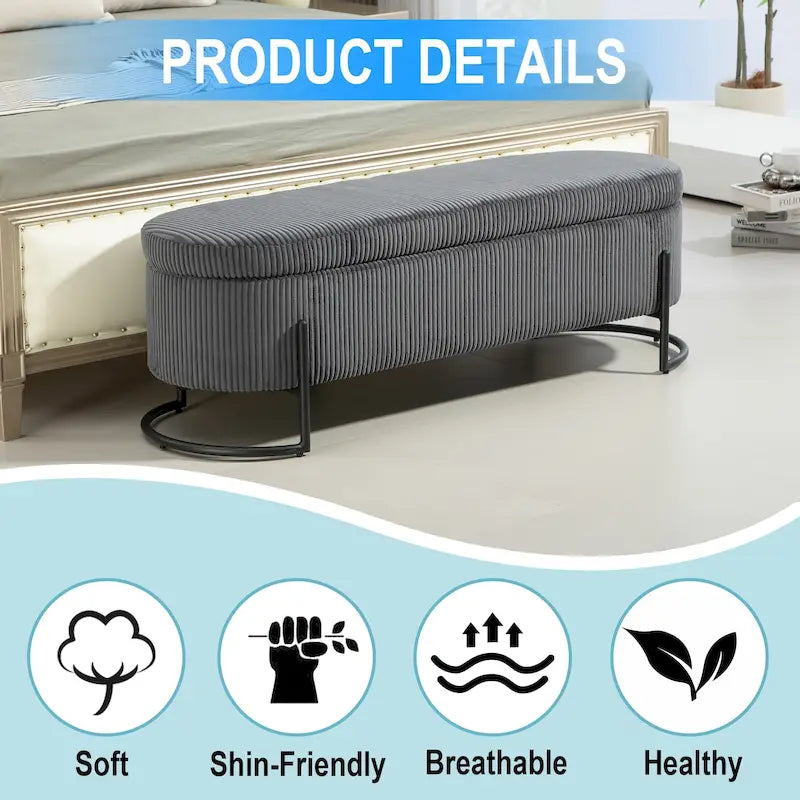 Corduroy Upholstered Storage Ottoman Bench with Safety Hinge and Metal Legs