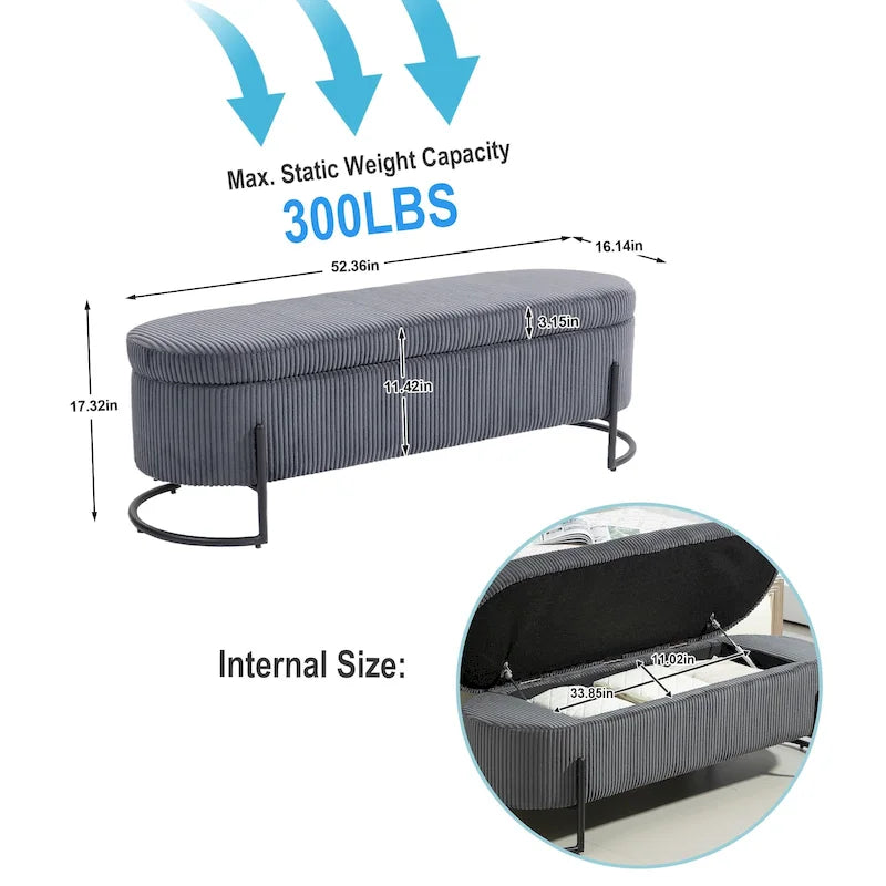 Corduroy Upholstered Storage Ottoman Bench with Safety Hinge and Metal Legs