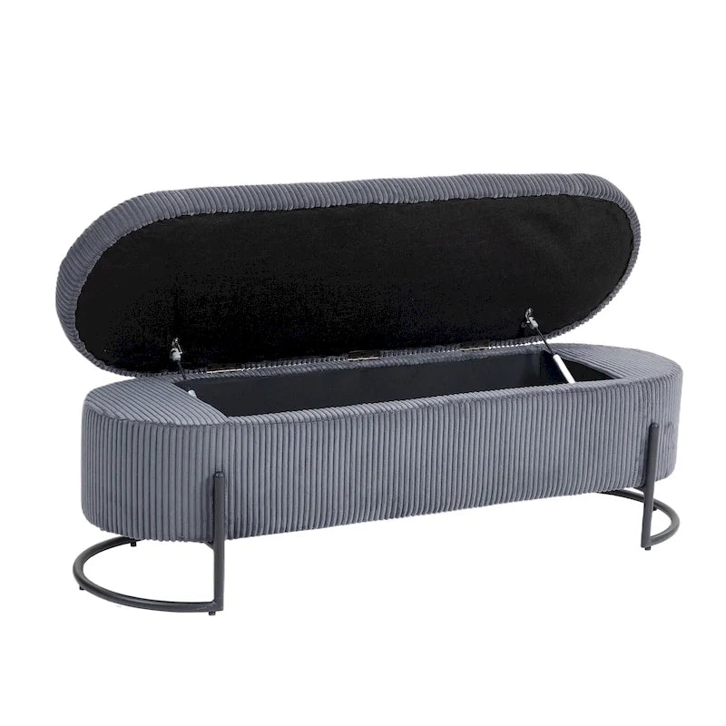 Corduroy Upholstered Storage Ottoman Bench with Safety Hinge and Metal Legs