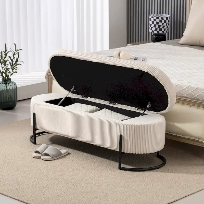 Corduroy Upholstered Storage Ottoman Bench with Safety Hinge and Metal Legs