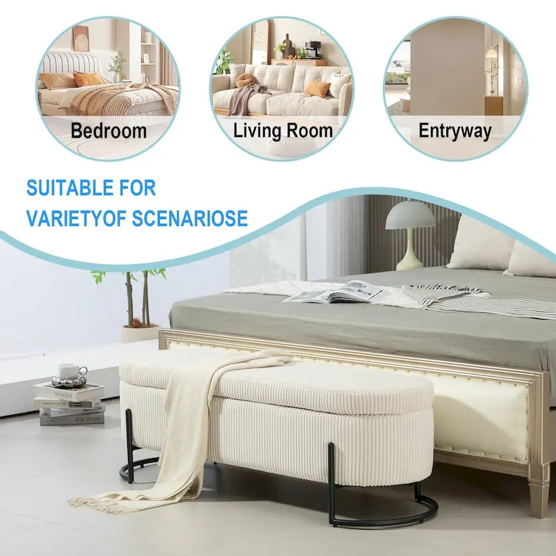 Corduroy Upholstered Storage Ottoman Bench with Safety Hinge and Metal Legs