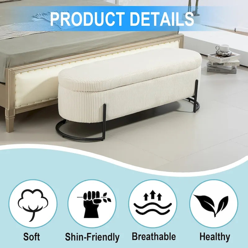 Corduroy Upholstered Storage Ottoman Bench with Safety Hinge and Metal Legs