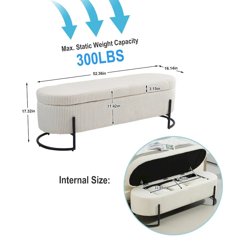 Corduroy Upholstered Storage Ottoman Bench with Safety Hinge and Metal Legs