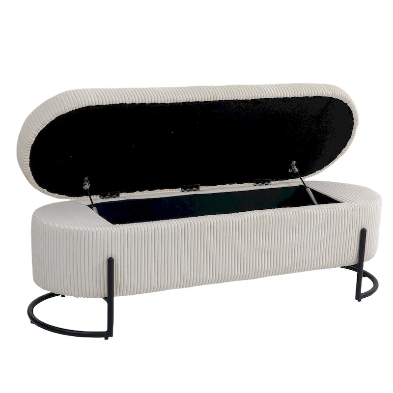 Corduroy Upholstered Storage Ottoman Bench with Safety Hinge and Metal Legs