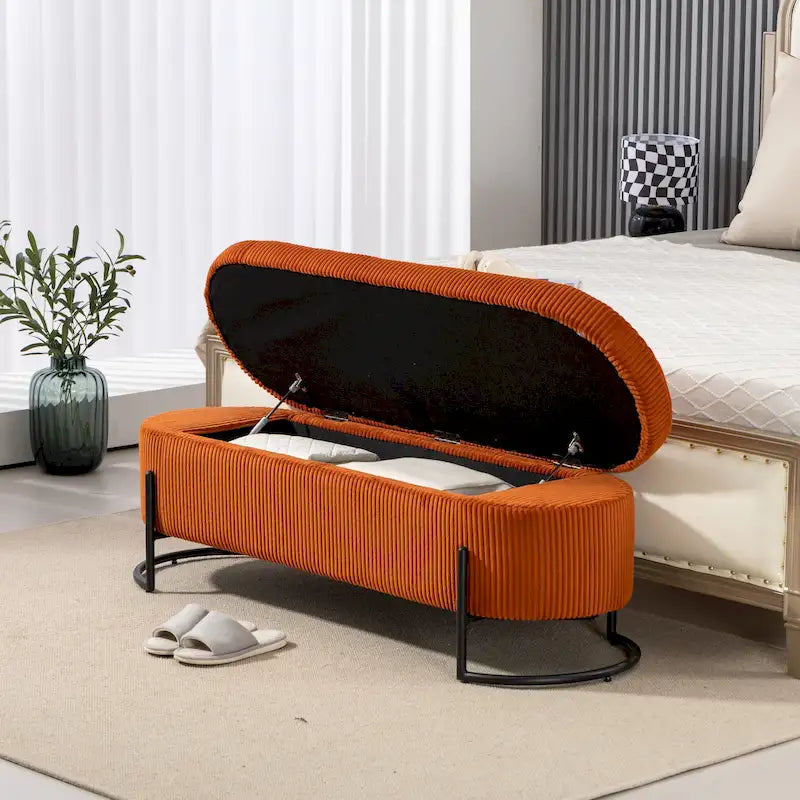 Corduroy Upholstered Storage Ottoman Bench with Safety Hinge and Metal Legs