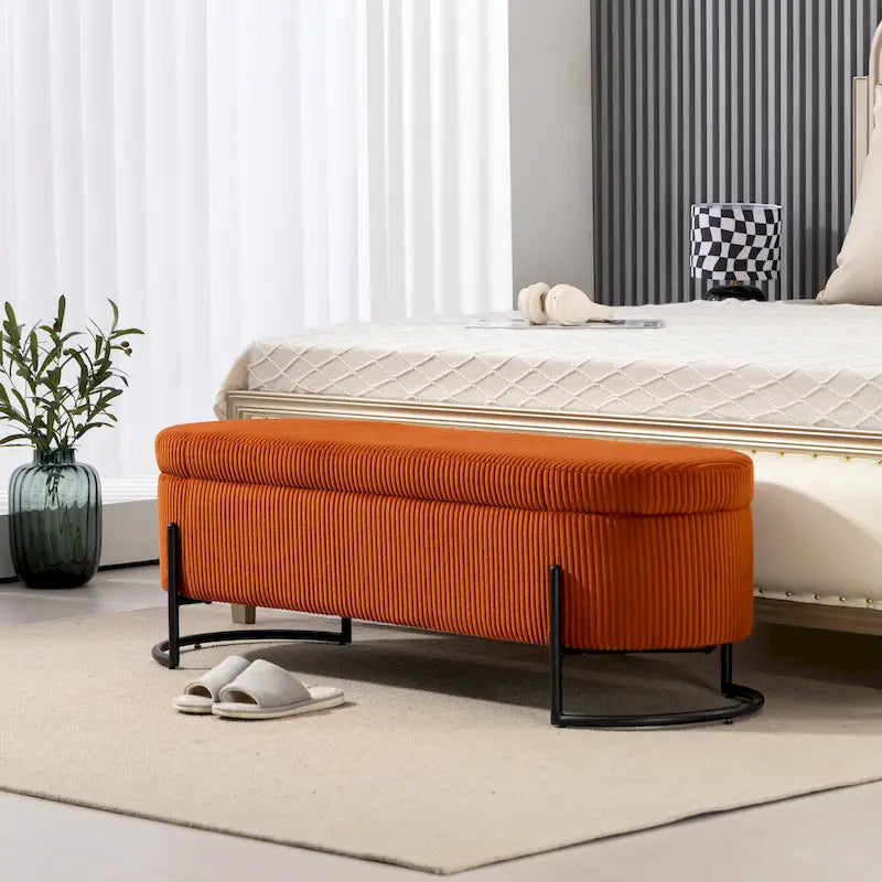 Corduroy Upholstered Storage Ottoman Bench with Safety Hinge and Metal Legs