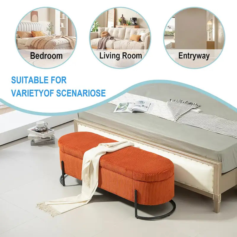 Corduroy Upholstered Storage Ottoman Bench with Safety Hinge and Metal Legs