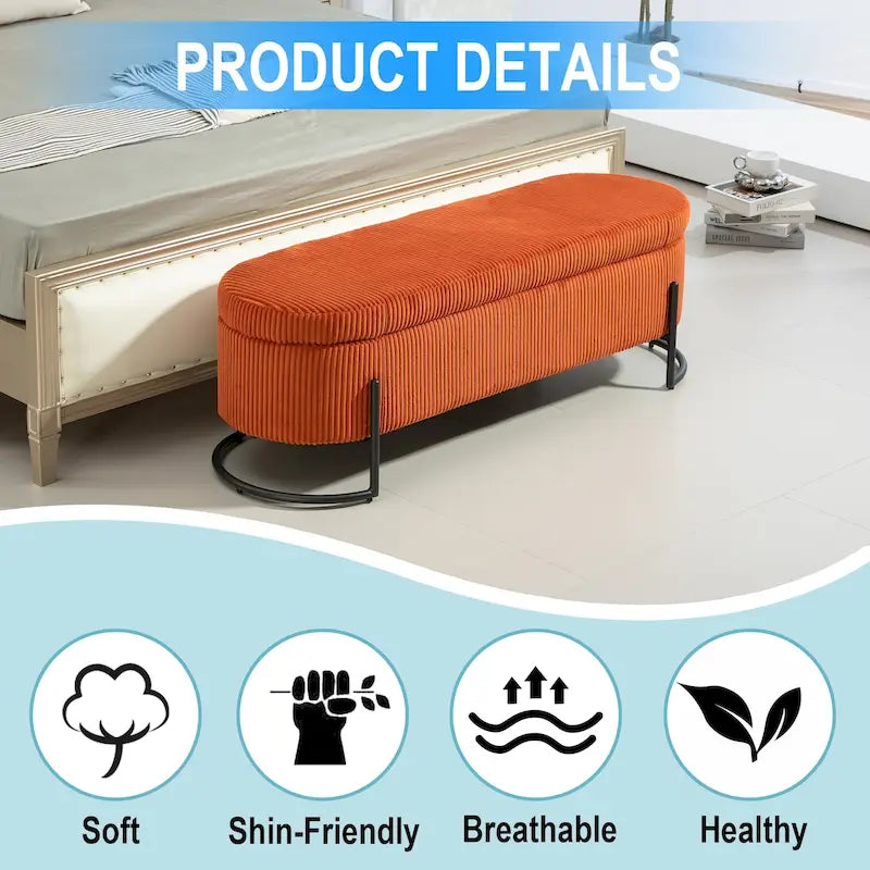 Corduroy Upholstered Storage Ottoman Bench with Safety Hinge and Metal Legs