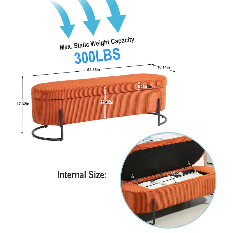 Corduroy Upholstered Storage Ottoman Bench with Safety Hinge and Metal Legs