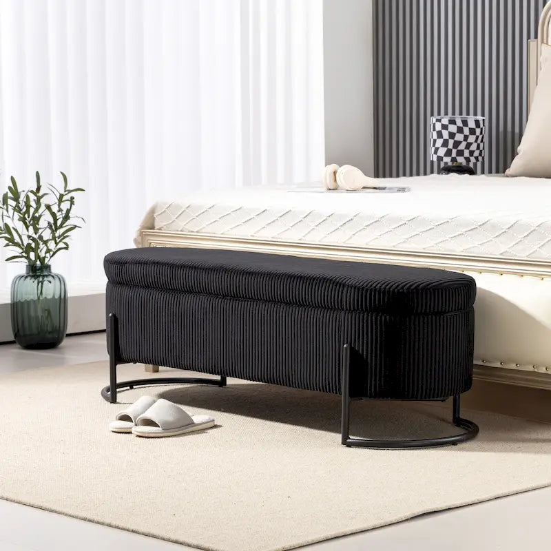 Corduroy Upholstered Storage Ottoman Bench with Safety Hinge and Metal Legs