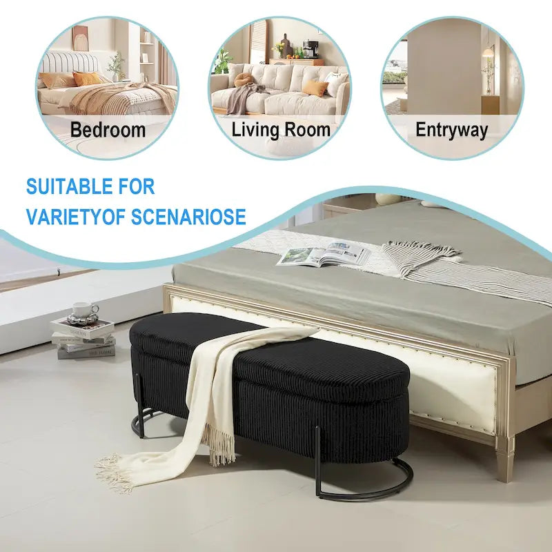 Corduroy Upholstered Storage Ottoman Bench with Safety Hinge and Metal Legs
