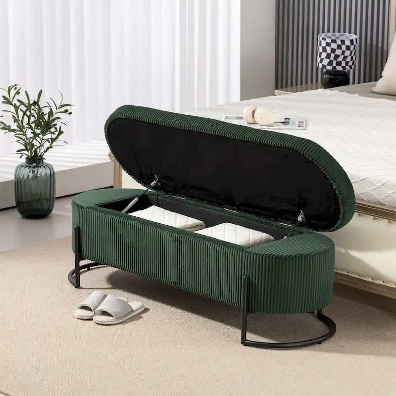Corduroy Upholstered Storage Ottoman Bench with Safety Hinge and Metal Legs