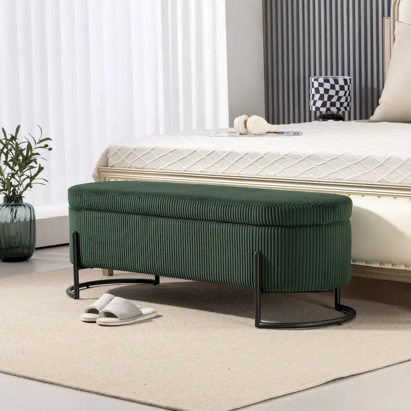 Corduroy Upholstered Storage Ottoman Bench with Safety Hinge and Metal Legs