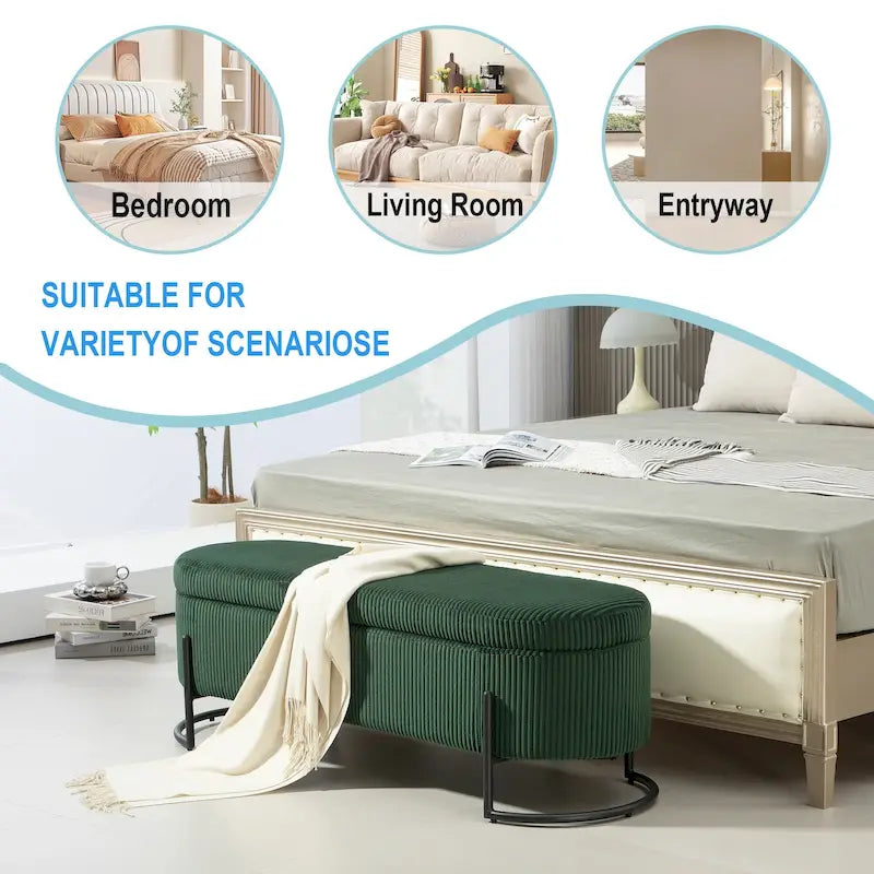 Corduroy Upholstered Storage Ottoman Bench with Safety Hinge and Metal Legs