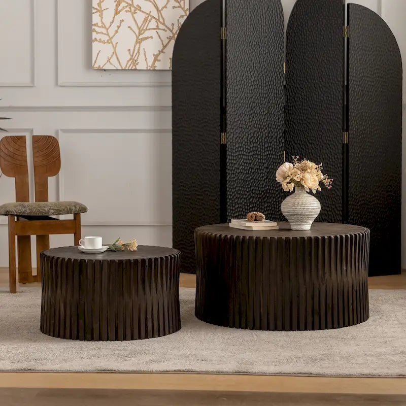 Coffee Table Set with Vertical Textured Embossed Design for Living Room (Set of 2)